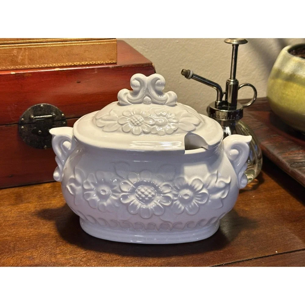 Himark Japan MCM White Soup Tureen Gravy Boat Embossed Floral Ceramic with Lid